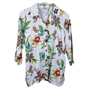 Hot Cotton Floral Print Button Up Blouse Tunic Top Size L Turquoise Orchids NWT